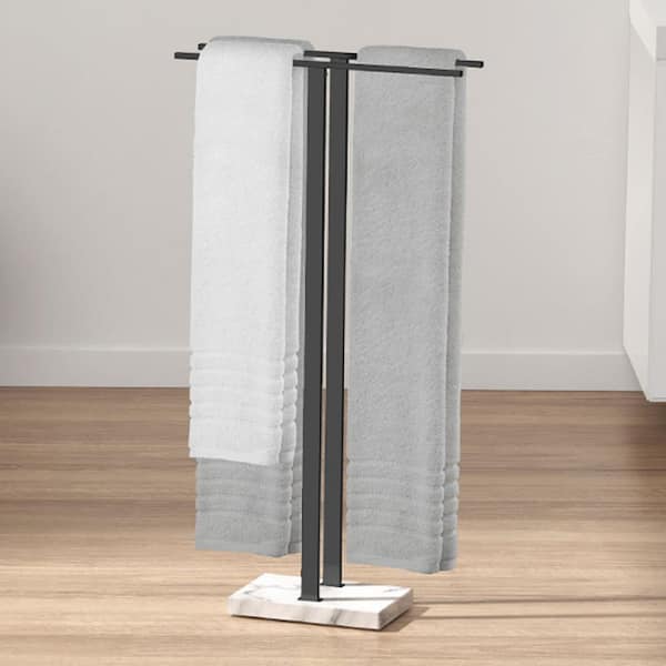 Bathroom Freestanding Towel Rack 37 in. H 2-Tier with Heavy Marble Base in Matte Black