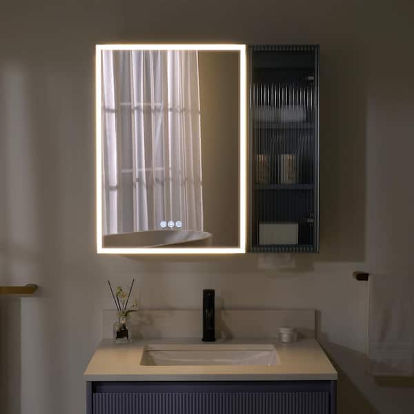 30 in. W x 28 in.H Lavender Solid Wood Wall Mount LED Medicine Cabinet with Mirror,Light,Three-prong Plug,Silent Closure