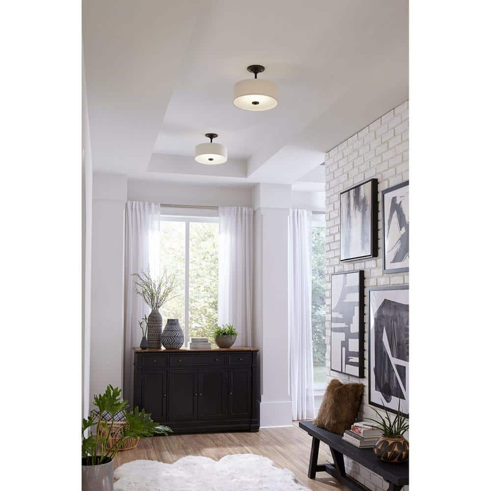 Antique Bronze LED Semi-Flush Mount with Linen Shade