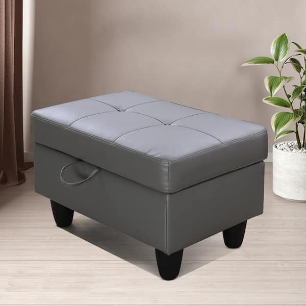 AndMakers 28.5 in. W Dark Gray Faux Leather Rectangle Ottoman with Storage