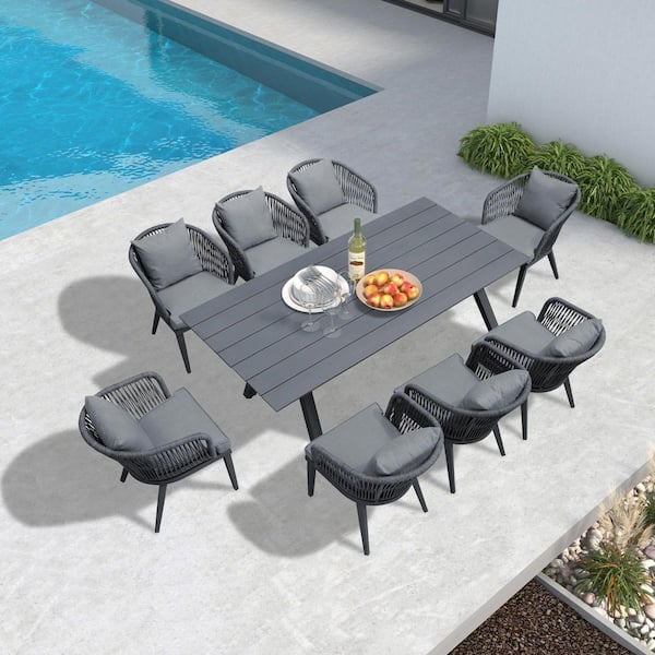 9-Piece All-Weather Wicker Outdoor Dining Set with Table All Aluminum Frame and Grey Cushions for Garden Backyard Deck