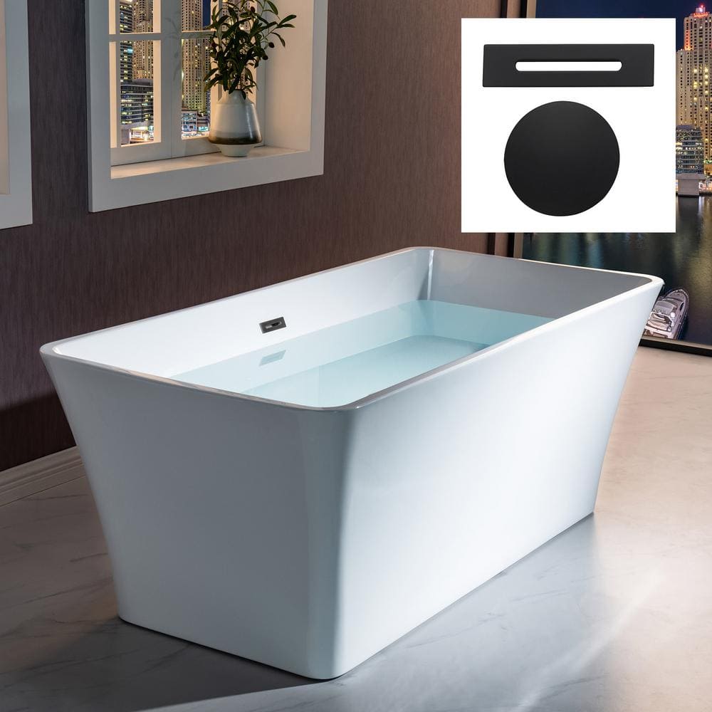Echo 59'' White Acrylic Freestanding Soaking Bathtub with Matte Black Trim