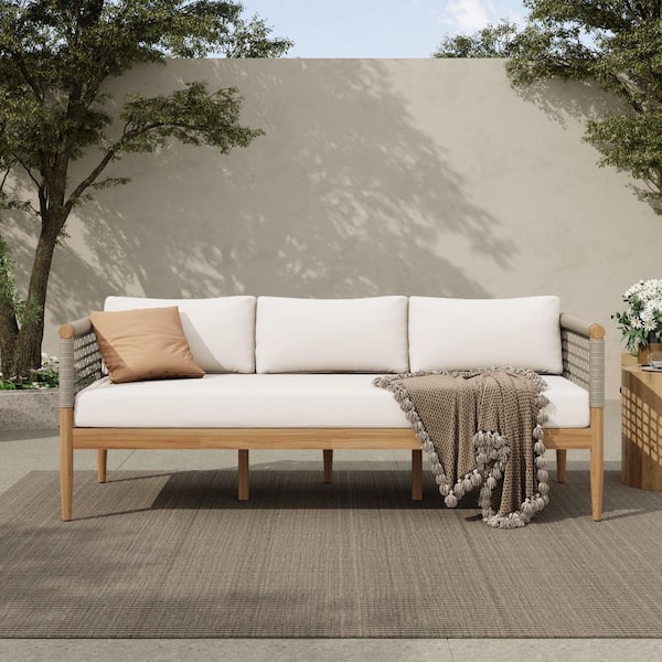 Dunbar Modern Light Teak Finish Solid Wood and Rope Woven Outdoor Couch Patio 3-Seater Sofa with Beige Cushions