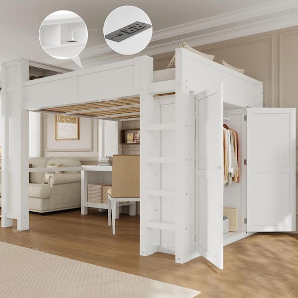 White Queen Size Loft Bed with Storage Shelves on Top Bed, Desk, Wardrobe, Open Cabinet, USB Sockets
