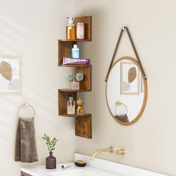 40 in. Tall Brown Faux Wood 5-Shelf Accent Bookcase, 5-Tier Zig Zag Geometric Corner Wall Book Shelf Unit