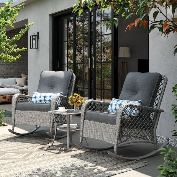 3-Piece Wicker Outdoor Rocking Chair with Gray Cushion