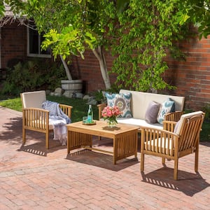 4-Piece Outdoor Patio Acacia Wood Brown Conversation Sofa Set with Waterproof Cushions and Cushions and 1 Coffee Table