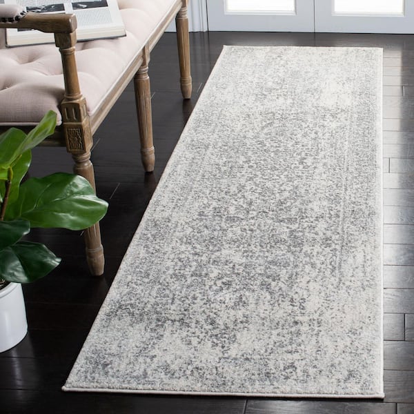 Evoke Ivory/Gray 2 ft. x 21 ft. Distressed Border Medallion Runner Rug