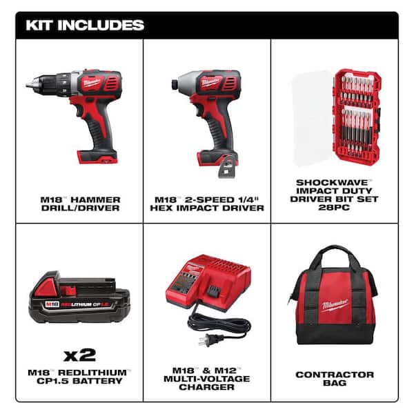 M18 18V Lith-Ion Cordless Drill Driver/Impact Driver Combo Kit, 2 1. 5Ah Batteries, Charger & SHOCKWAVE Set (28 PC)