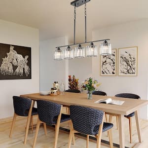 5-Light Matte Black Farmhouse Linear Hanging Pendant Light Modern/Contemporary Kitchen Island Light with Crystal Shade