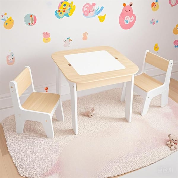 3-Piece MDF Top Beige 5 in 1-Wooden Kids Table and Chairs Set with Flip-Top Lids