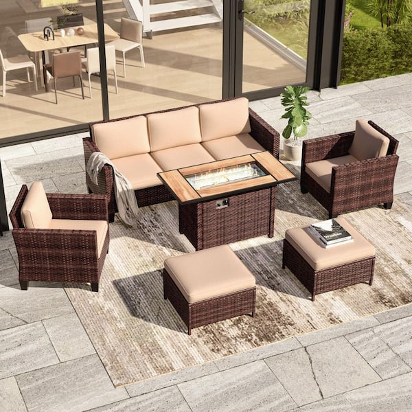 JOYESERY 6-Piecess Patio Conversation Set with Rectangle Fire Pit Table, Brown Wicker Wide Armrests Sofa with Sand Cushion