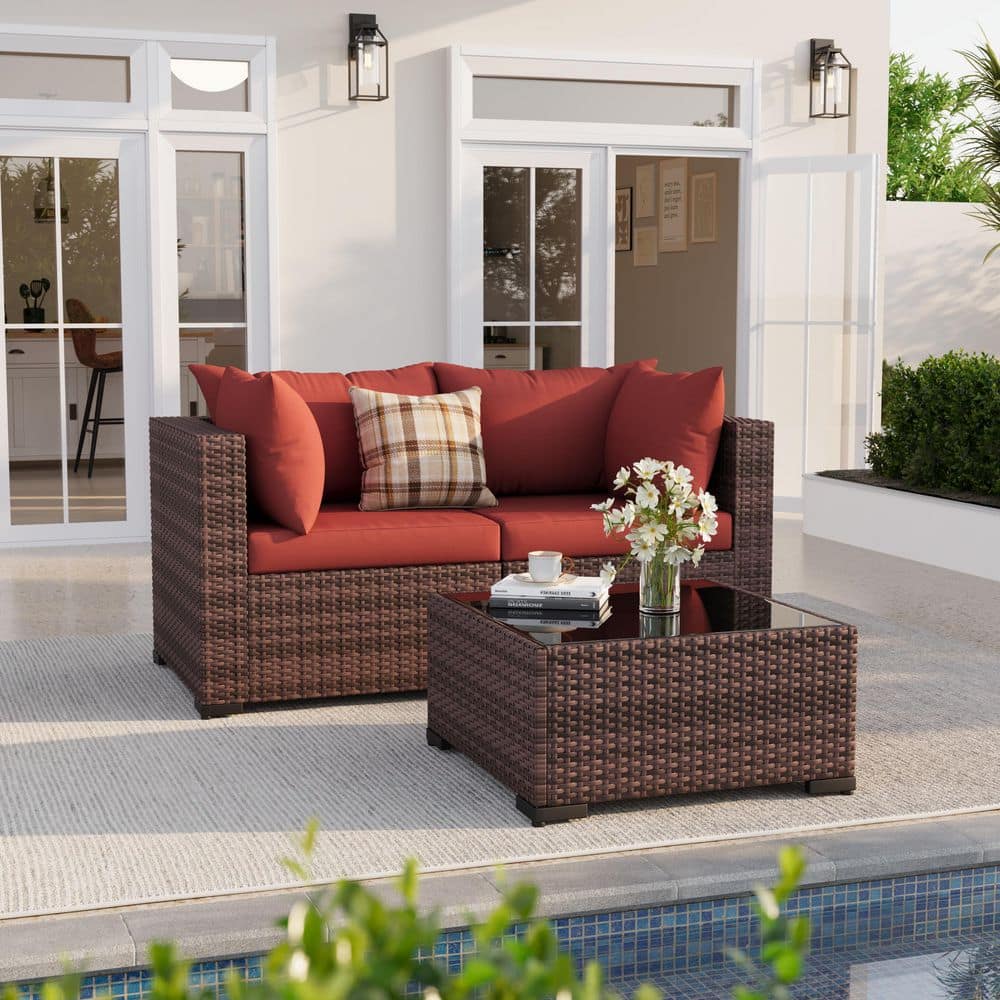 Brown 3-Piece Wicker 2-Person Patio Conversation Set with Red Cushions and Coffee Table price history on PriceWatchPro