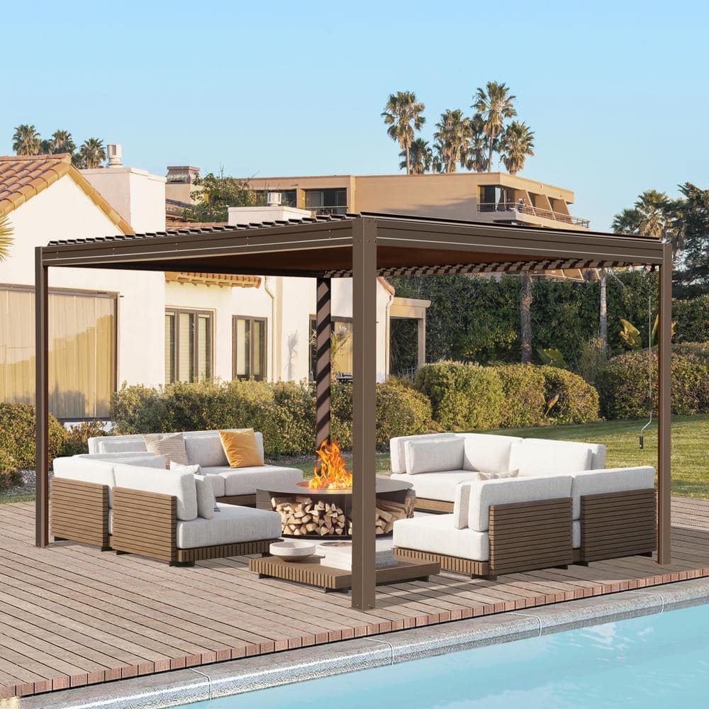 Brown Aluminum 10' x 13' Louvered Pergola with Adjustable Roof