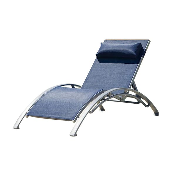 Sudzendf Aluminum Outdoor Patio Recliner Chaise Lounge with Adjustable Backrest and Removable Pillow in Blue (Set of 2)