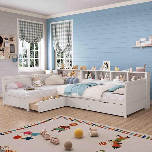 White Twin Size Daybed with Storage 3 Drawers, Wooden Corner Bed with Bookshelf