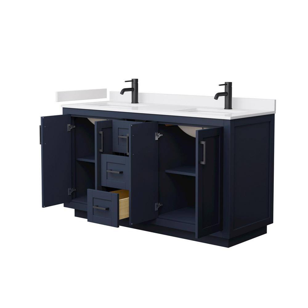 Miranda 60" Dark Blue Double Vanity with White Marble Top and Matte Black Trim