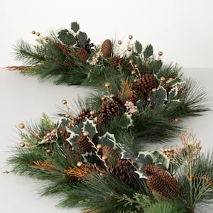 72 in. Gold Holly And Pine Unlit Artificial Christmas Garland, Green Christmas Garland