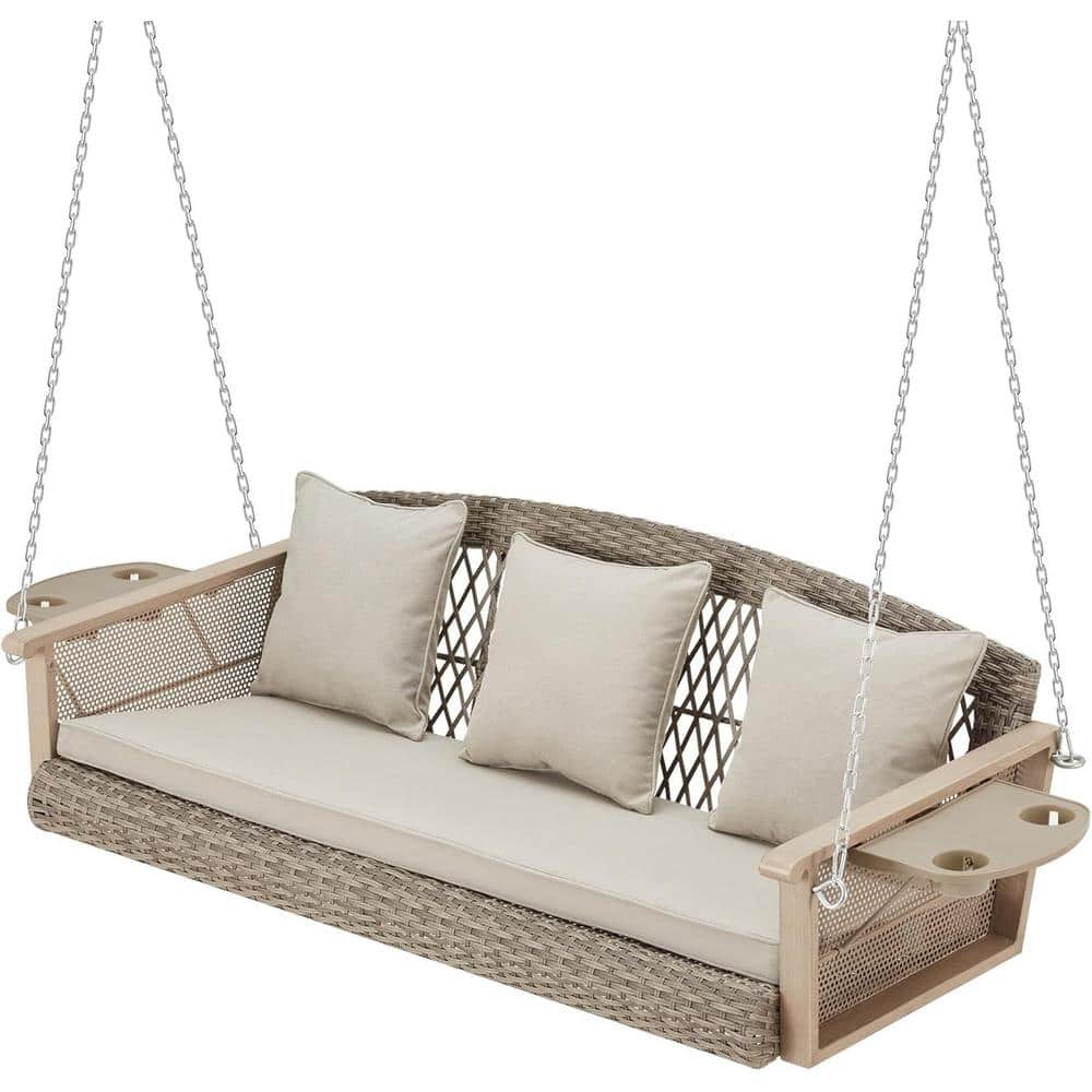 3-Person Wicker Porch Swing with Upgraded Cup Holder, 55 Inch Patio Hanging