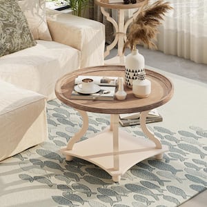 Farmhouse 31.87 in. Round Wood Coffee Table with Shelf Natural & White