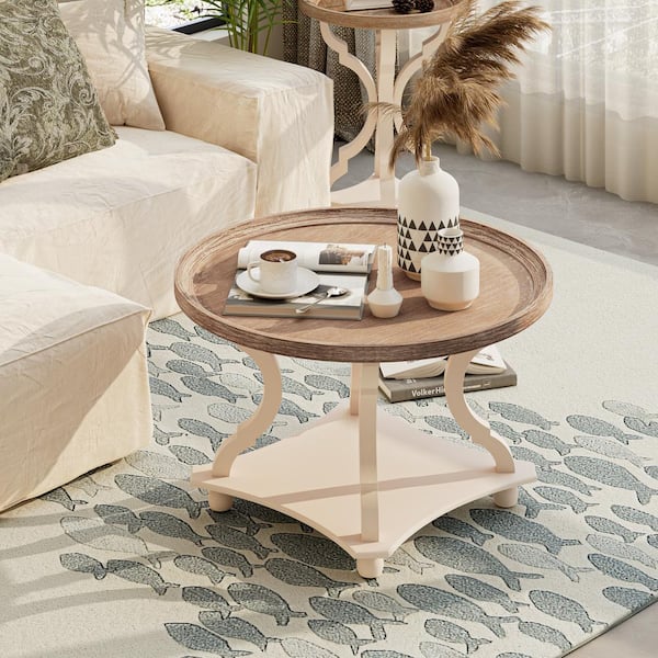 FUIN Farmhouse 31.87 in. Round Wood Coffee Table with Shelf Natural & White