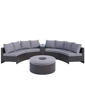 6-Piece Wicker Patio Outdoor Half-Moon Sectional Sofa Set with Storage Table, Umbrella Hole & Round Table, Gray Cushion