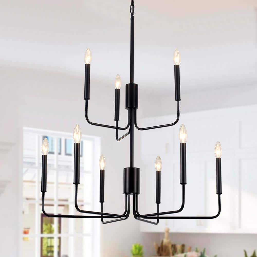 LWYTJO 9-Light 2 Tier 29.5 in. W Matte Black Modern Rustic Candle style Chandelier for Bedroom ...