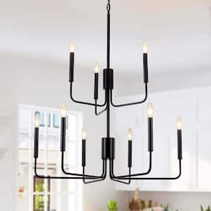 9-Light 2 Tier 29.5 in. W Matte Black Modern Rustic Candle style Chandelier for Bedroom Kitchen Living Room Hallway