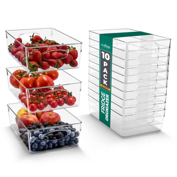 10-Pack XL Clear Plastic Organizing Bins, Extra Large Refrigerator, Fridge, Pantry, and Kitchen Storage Organizers