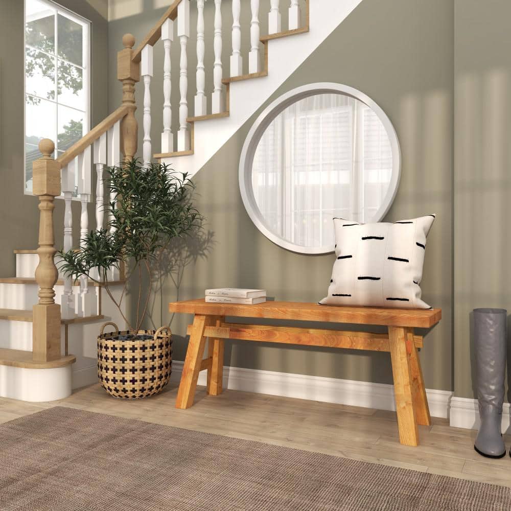 Rustic Trestle-Legged Pale Brown Wood Storage Bench