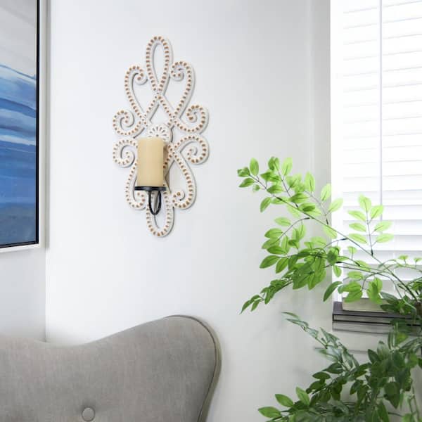 Litton Lane 24 in. White Wood Scroll Beaded Pillar Wall Sconce