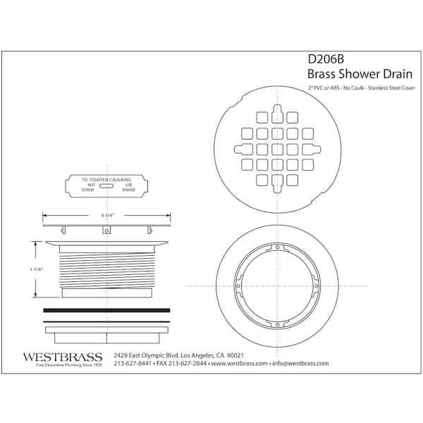 Westbrass D206P-62 2 No-Caulk PVC Compression Shower Drain with 4-1/4  Round Grid Cover, Matte Black 
