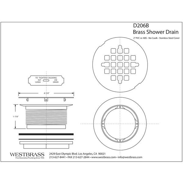 Westbrass D206P-62 2 No-Caulk PVC Compression Shower Drain with 4-1/4  Round Grid Cover, Matte Black 