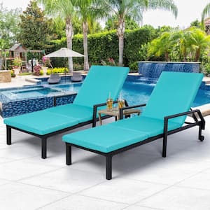 Black Wicker Outdoor Chaise Lounge with Blue Cushions (Set of 2)