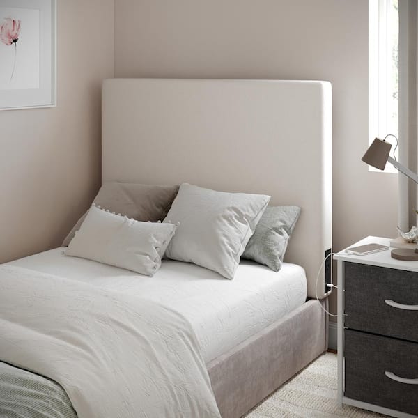 Carnegy Avenue Hugo Twin Headboard with 2-Power Outlets, 1-USB and 1-USB Type-C Port with Faux Linen Upholstery in Beige