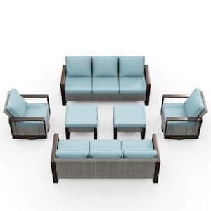 6-Piece Wicker 8 Seat Steel Outdoor Patio Conversation Set with Light Blue Cushions