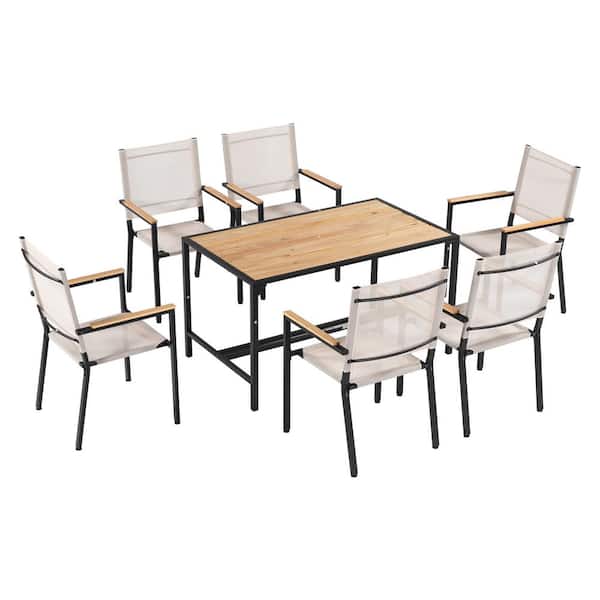 Unbranded 7-Piece Portable Outdoor Patio Dining Set - Wood Patio Table, 6 Comfort Stack Chairs for Backyard, Patio