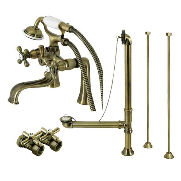 Kingston Brass Vintage 2-Handle Clawfoot Tub Faucet Packages with Supply Line and Tub Drain in Antique Brass