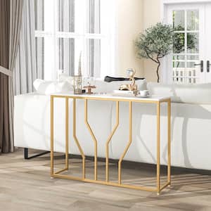 44 in. Gold Rectangle Faux Marble Tabletop Console Table with Golden Metal Frame for Entrance