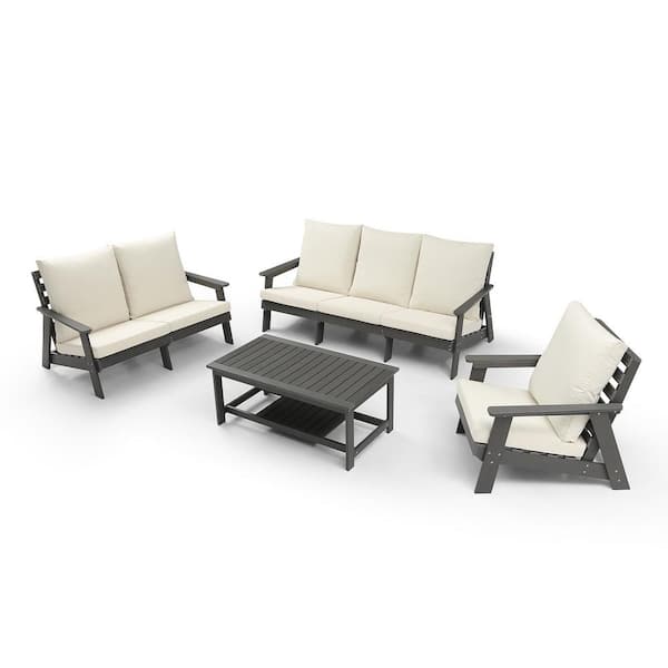Mondawe 4-Piece Gray HDPE Conversation Patio Set Outdoor Sofa with Beige Cushions and Coffee Table