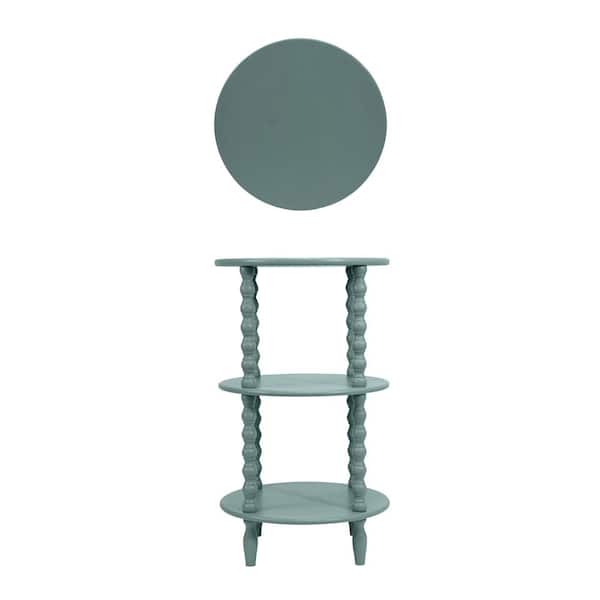 Storied Home 17.8 in. Aqua Round Wood Lacquered End Table with 2 Shelves