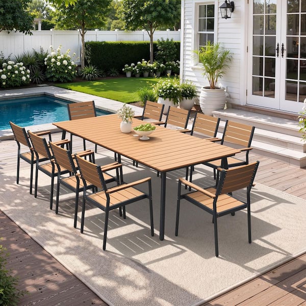 11-Piece 94.5 in. Rust-free Aluminum Wood-Like Patio Outdoor Dining Set with Umbrella Hole and Stackable Arm Chair