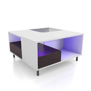 Valdes 31.5 in. White Square Glass Top Coffee Table With Drawer, Shelves And LED Lights