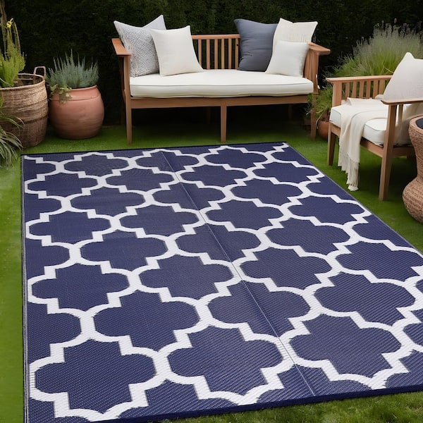 6 X 9 Blue White Lightweight Moroccan Trellis Reversible Plastic Indoor Outdoor Area Rug