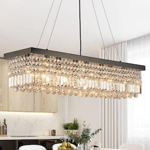 8-Light Black K9 Crystal Rectangular Pendant Chandelier for Dining Room Kitchen Island with No Bulbs Included