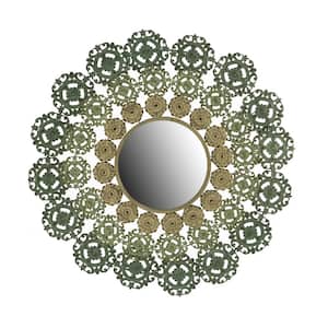 38 in. W x 38 in. H Green Round Metal Frame Wall Mirror, McGuire Medallion Mirror Living Room  Bedroom, Deco Mirror