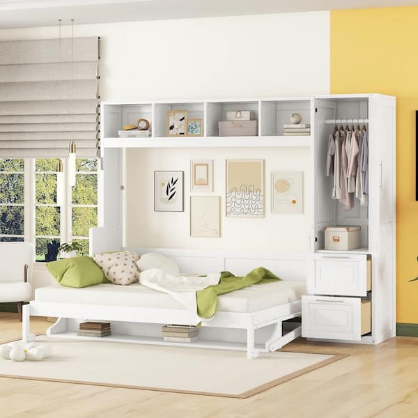 Harper & Bright Designs White Multifunctional Wood Frame Queen Size Murphy Bed with Closet and Drawers