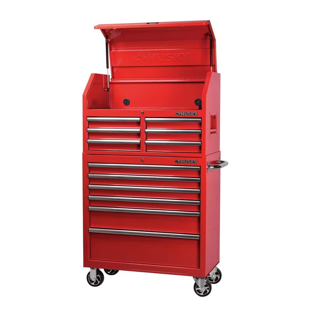 Husky 36 in. W x 18 in. D Standard Duty 12-Drawer Combination Rolling Tool Chest Combo and Top Tool Cabinet in Gloss Red -  H36CH6TR6R