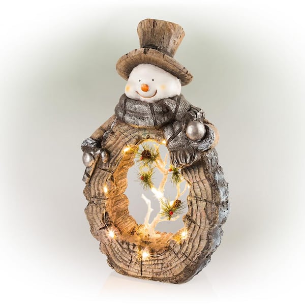 Alpine Corporation 21 in. Tall Snowman Statue with Carved Wood Look and LED Lights