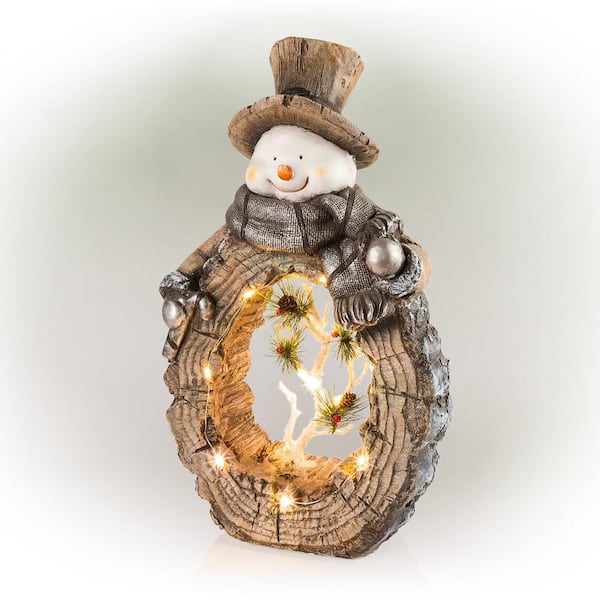 Alpine Corporation 21 in. Tall Snowman Statue with Carved Wood 